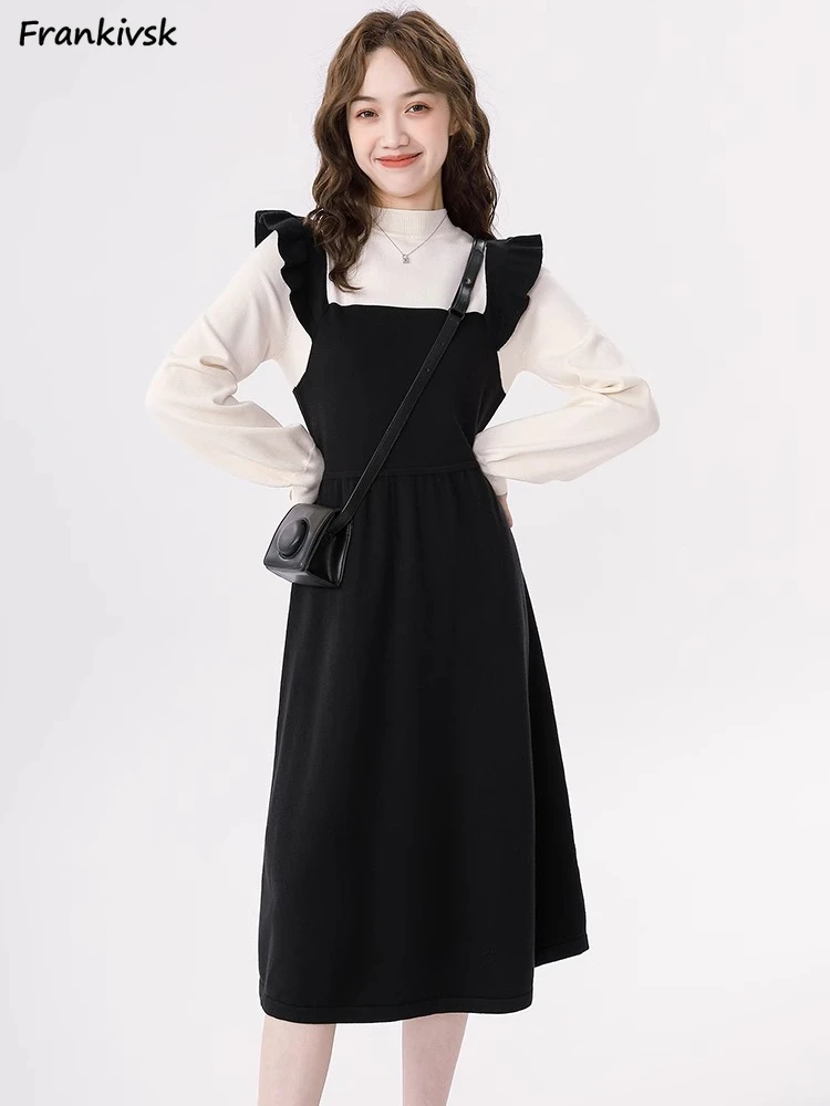 

Fake Two Piece Dresses Women Korean Hepburn Style Sweet All-match A-line High Street Aesthetic Popular Pullovers Autumn College