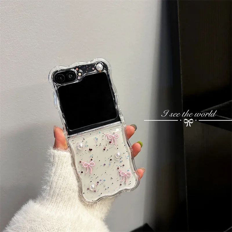 Чехол для телефона Samsung Galaxy Z Flip 3 4 5 6 3D браслет с жемчужным бантом Z Flip6 ZFlip6 Wave противоударный чехол