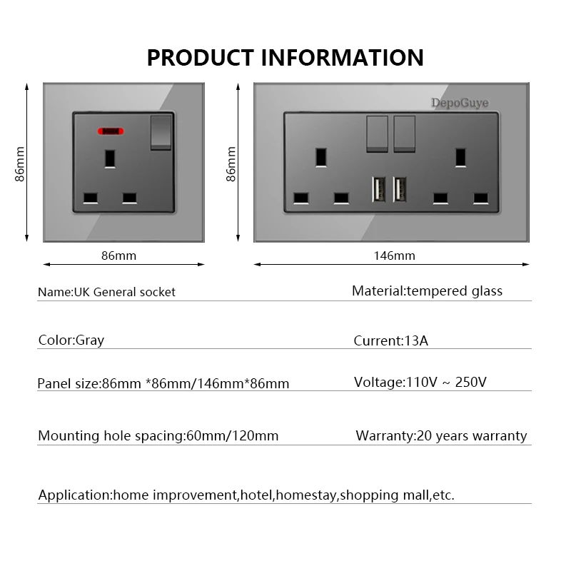 منفذ مزدوج UK 13A 220V مع شحن سريع 18 وات من النوع C، لوحة مفاتيح إضاءة 1/2 طريقة، سطح من الزجاج المقسى، مقبس حائط للتلفزيون/الهاتف #4