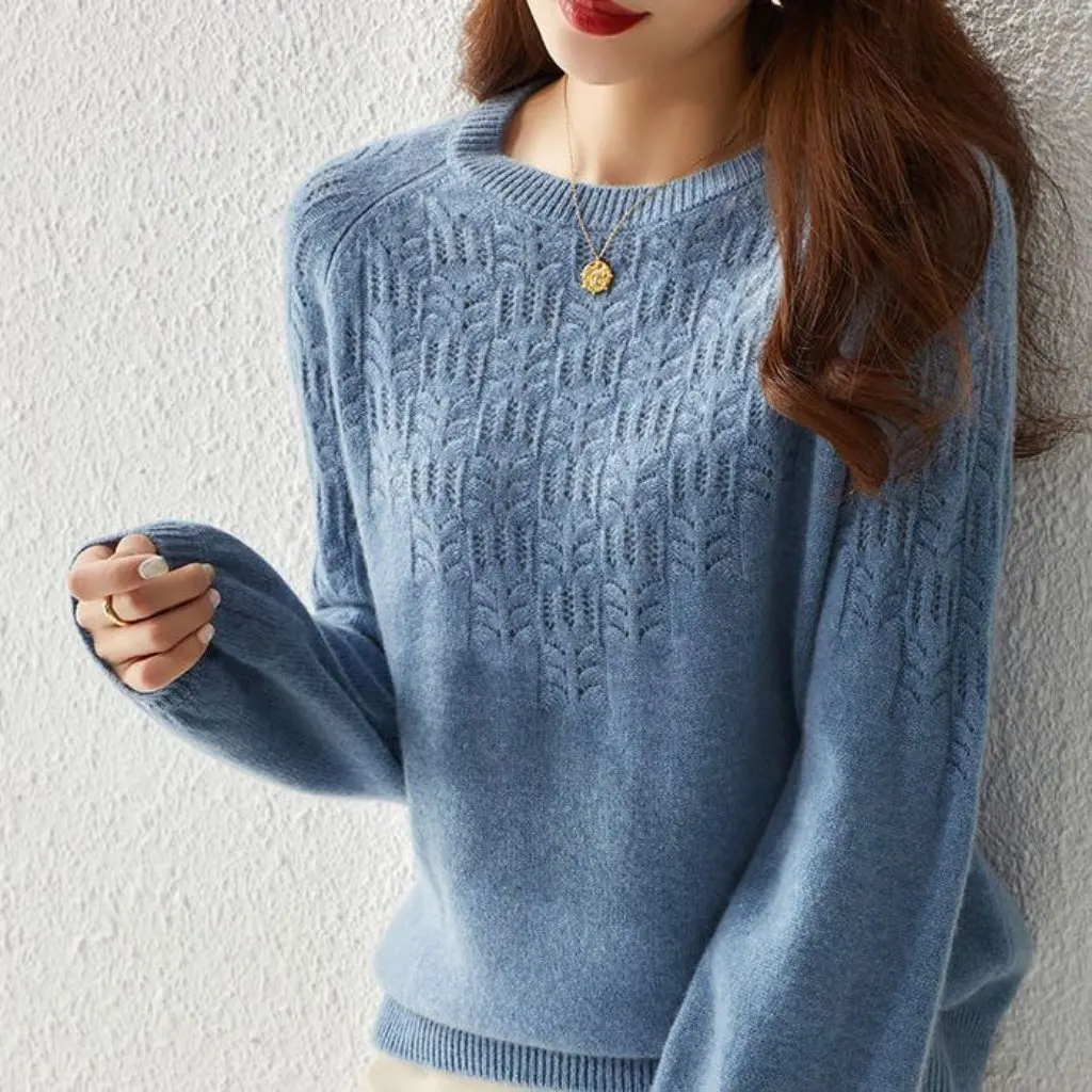 

Women's French Knitwear Solid Color Crochet Sweater round Neck Hollow Detail Loose Fit Elegant Base Shirt for Autumn Winter