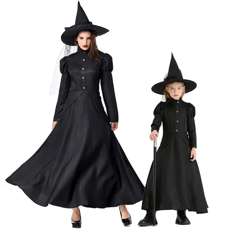 Halloween Kids Adult Wizard Deluxe Wicked Witch Costume Black Full Length Dress Mother Daughter Magician Witch Costume Black