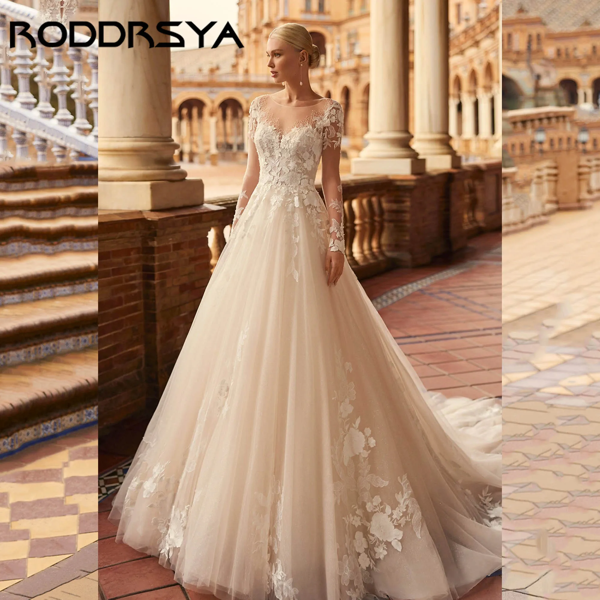 

RODDRSYA Long Sleeves Princess Wedding Dress A-line Illusion Back Bridal Gown O-neck Appliques Tulle vestido de novia Customized