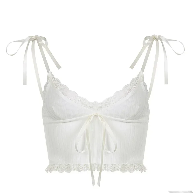 Y2K Lace Trim Short Top Aesthetic White Bow Sweet Sweet Mini Basic Crochet Tee Shirt Casual Women Summer Backless Beach