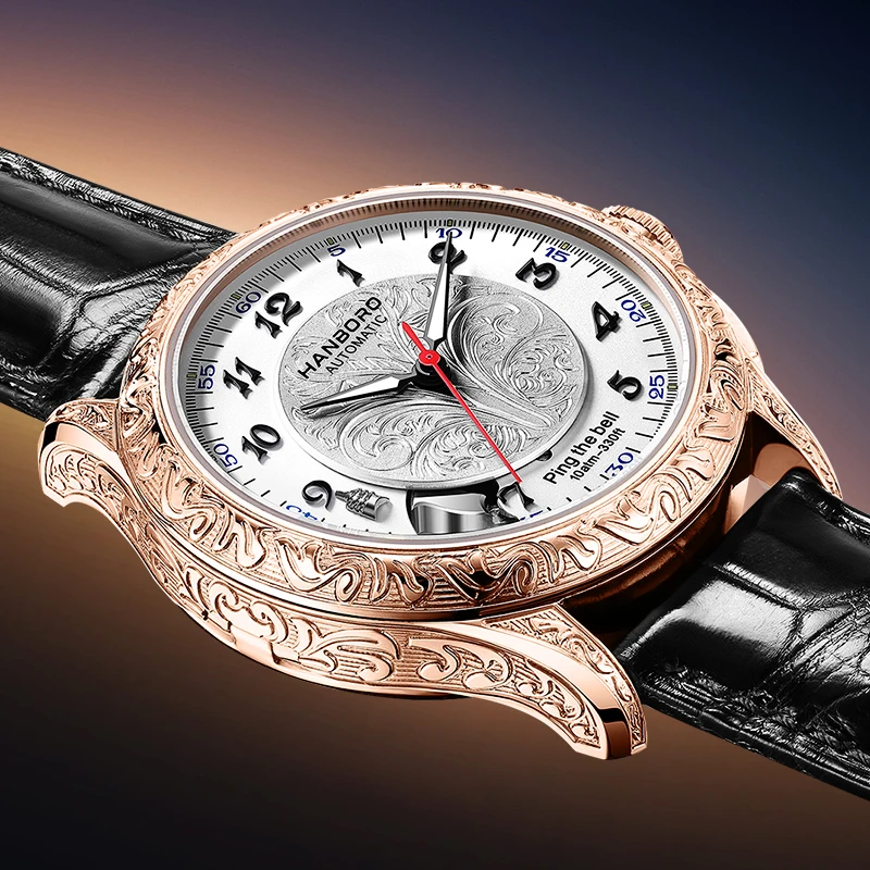 HANBORO Mechanical Alarm Watch Men Automatic Ping Bell Hourly Chime Luxury 100M Waterproof Sapphire Steel Business Unique image 5