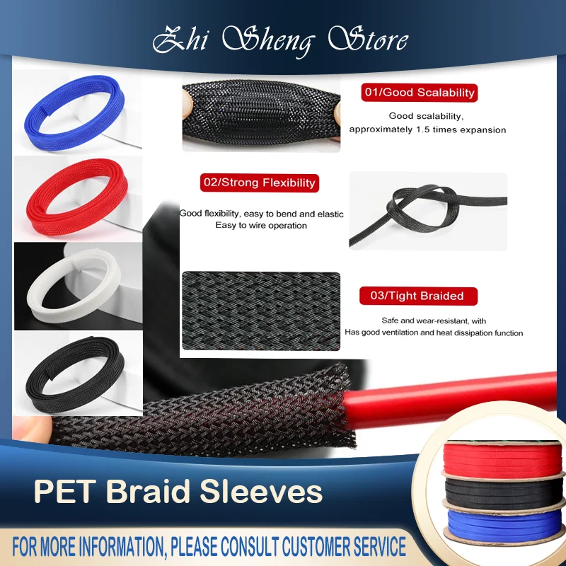 

1/5/10M PET Expandable Cable Sleeve 2mm ~ 60mm Tight Braided High Density Insulated Line Protection Wire Wrap Sheath Black Red