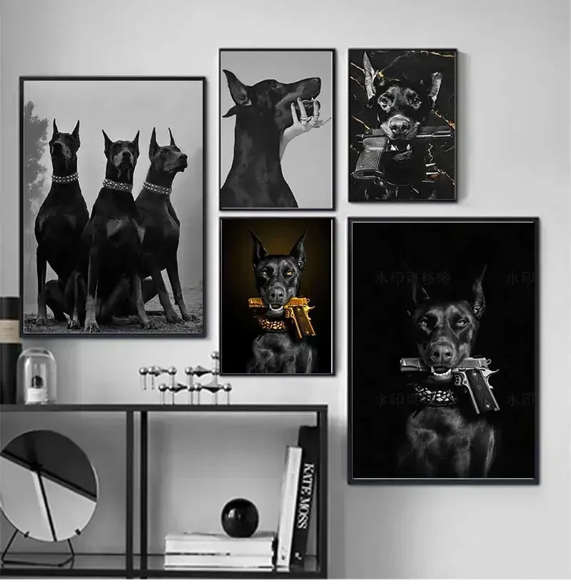 1pc  frameless Canvas Painting Modern Fashion Black Doberman Dog with Golden Pistol Poster Canvas Painting Luxury Animal Wall Ar