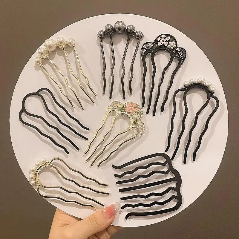 Metal U-Shaped Hair Fork Combs Pearl Tassel Hair Sticks Hair Clip Hairpins Girl Hair Accessories Ornament Styling Tool