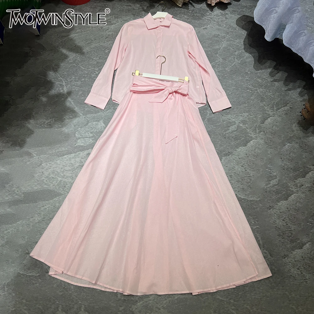 

TWOTWINSTYLE Casual Soft Pink Two Piece Sets for Women Lapel Shirt Bowknot Waist Maxi Skirts Suit for Daily Commute KSE560534