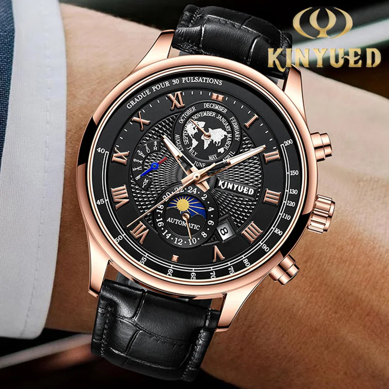 KINYUED Luxury Men's Watch Leather Strap Moon Phase Watches for Men Automatic Movement Date Business Male Mechanical Wrist Watch