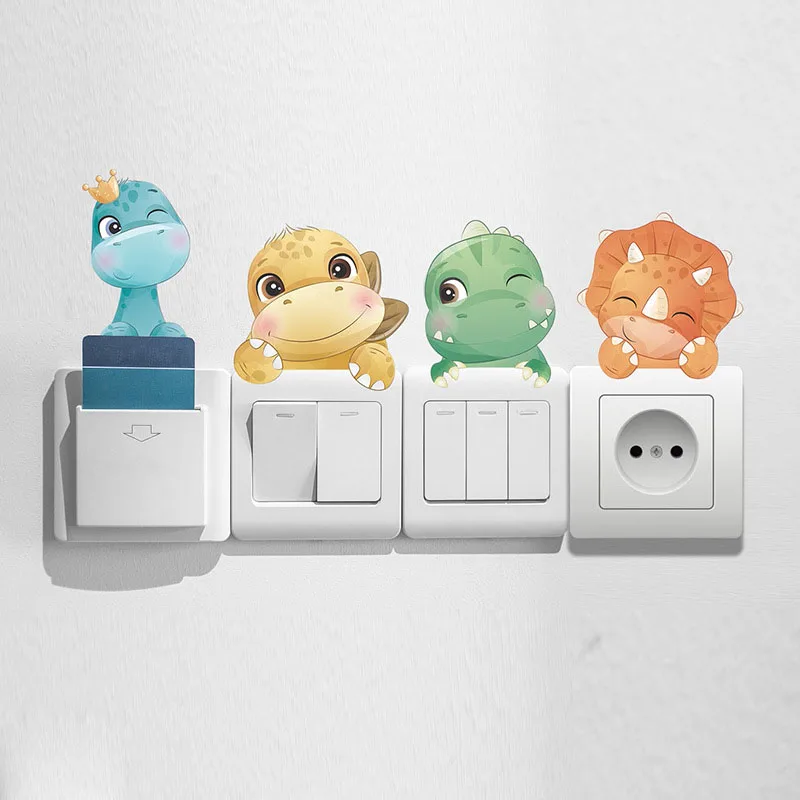 `Cartoon Dinosaur Switch Panel Stickers 4Pcs Peeking Dino Wall Decal Blue Yellow Green Orange T-Rex Vinyl For Switch Socket Pane