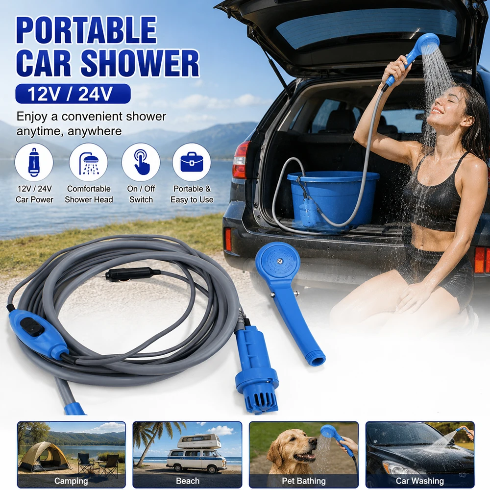 Portable Car Shower Pump Kit 12V/24V with Water Hose Spray Nozzle And Power Switch for Camping RV Travel