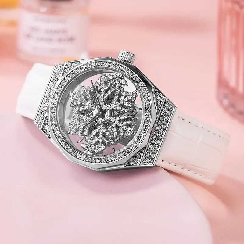 New Time Turns Series Rotating Snowflake Luxury Rhinestone Women's Quartz Watch Hollow Fashion Watch