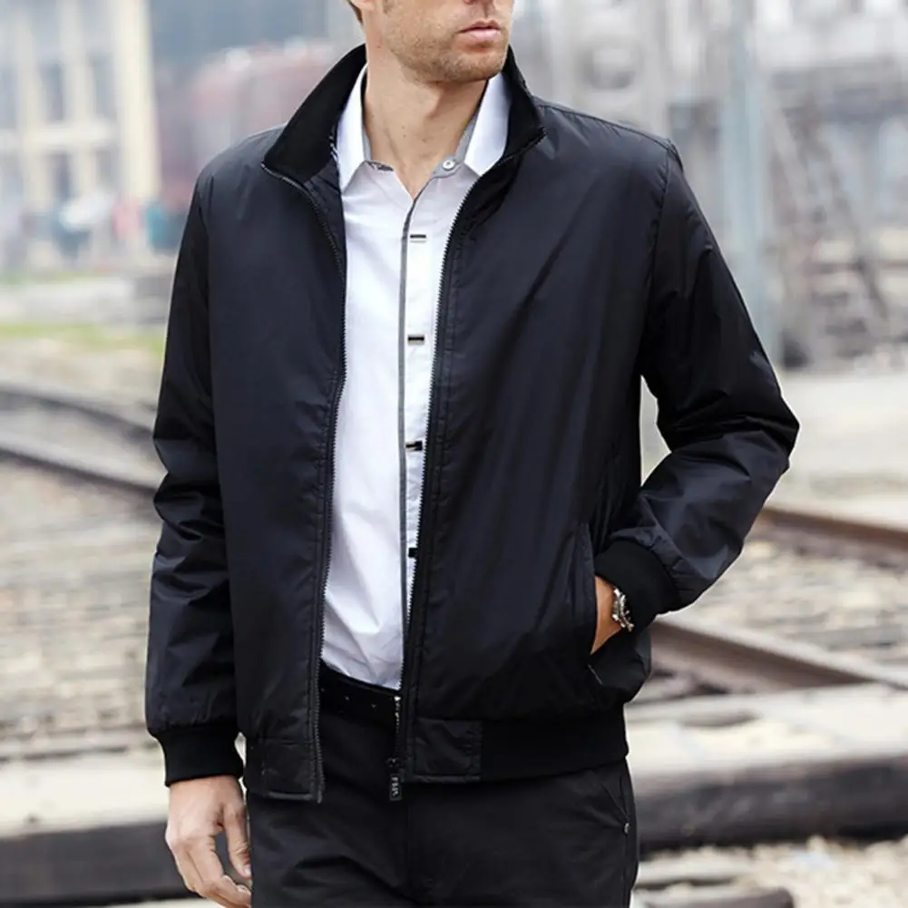 Men Coat Solid Color Stand Collar Zipper Cardigan Spring Jacket for Work