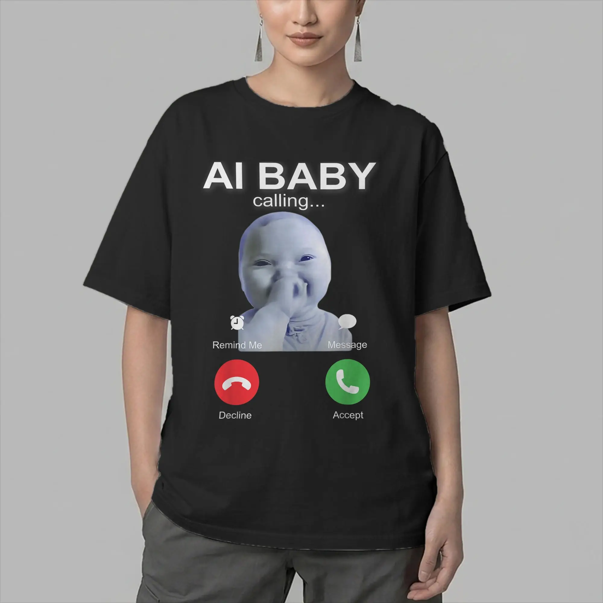 Ai Baby Holding Laugh Phone Calling Meme Men's T Shirts  Vintage Tees Short Sleeve Crewneck T-Shirt Cotton Birthday Present Tops