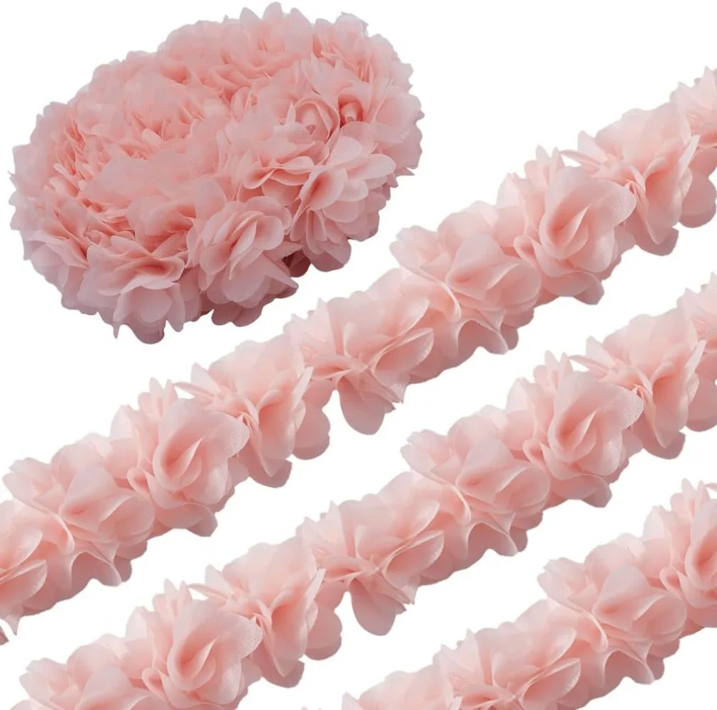 5 Yards 2 Inch Lace Trim Light Salmon 3D Chiffon Cluster Flowers Edging Trimming Floral Decorative Ribbon Fabric Applique