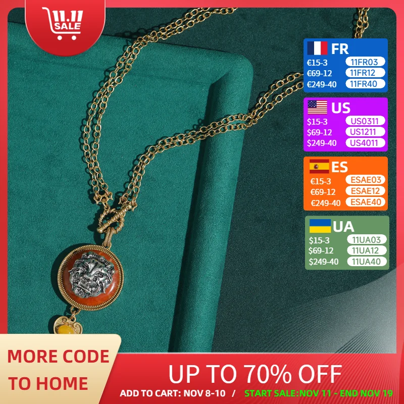 خمر الحجر الطبيعي القرص الأسد رئيس قلادة وقلادة للمرأة الفاخرة عالية الجودة العصرية مجوهرات سترة سلسلة جديد 2025