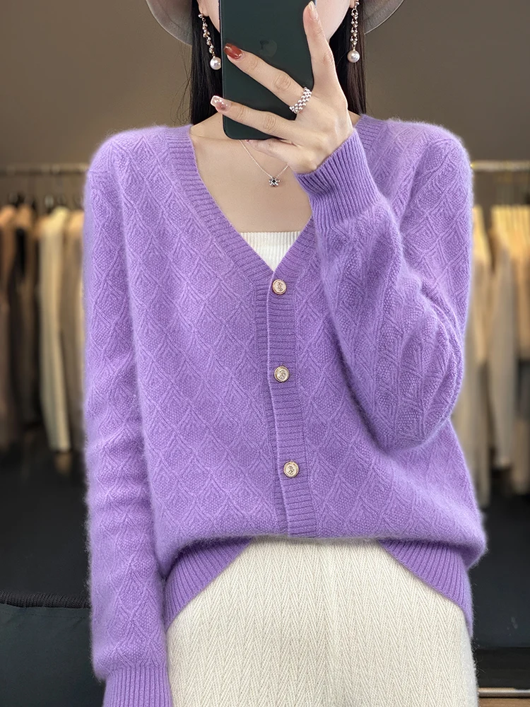 New Fashion Spring 100% Merino Wool Womens V-neck Cardigan Cashmere Sweater 2024 Female Clothing Grace Knitwear Korean Tops