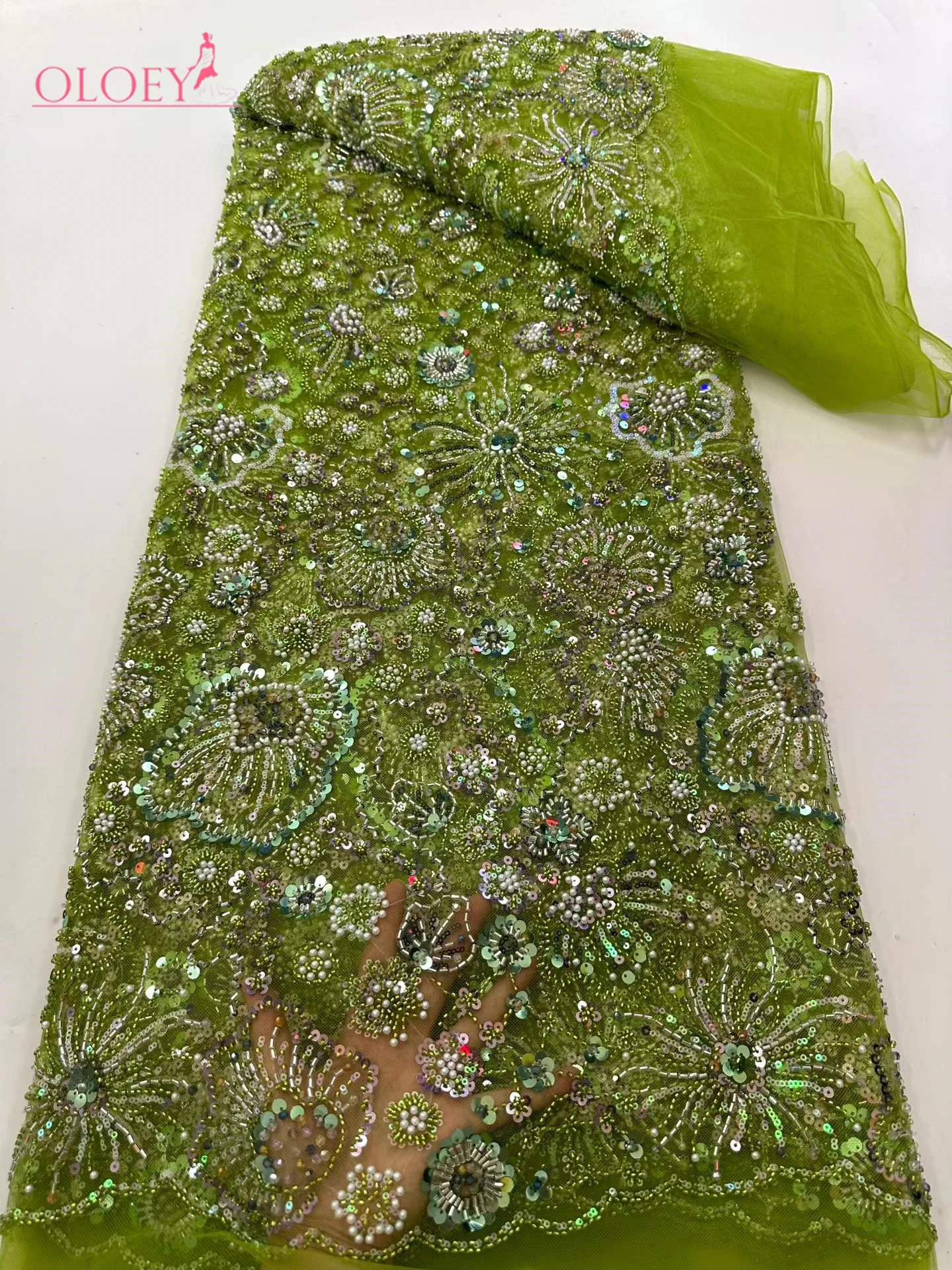 

OLOEY Luxury African Nigerian Groom Sequin Beaded Lace Fabric 2026 French Mesh Lace Fabric for Party Wedding Dress Sewing 5