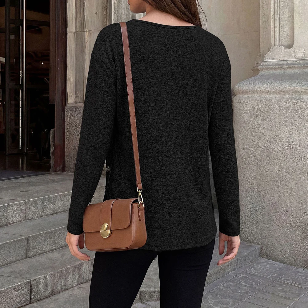 Womens Solid Color Polyester Top Long Sleeve Round Neck Loose for Fit with Front Buttons and Side Slit for Summer Use
