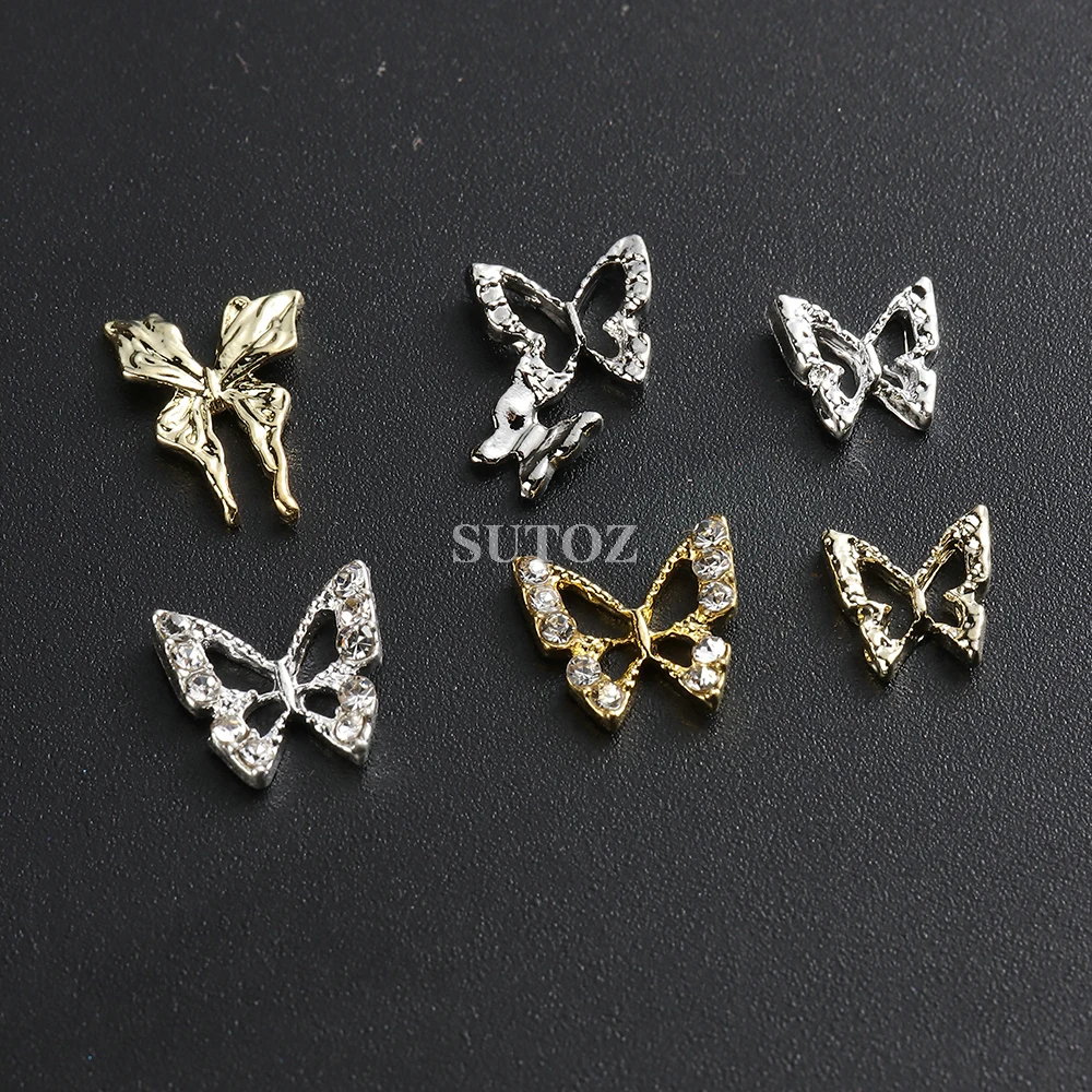 3D Papillon Nail Charms Or Argent Métal Papillon Strass Pendentif Pièces D'ongle Y2K Conception Diamants Manucure Décor GL6G-COH