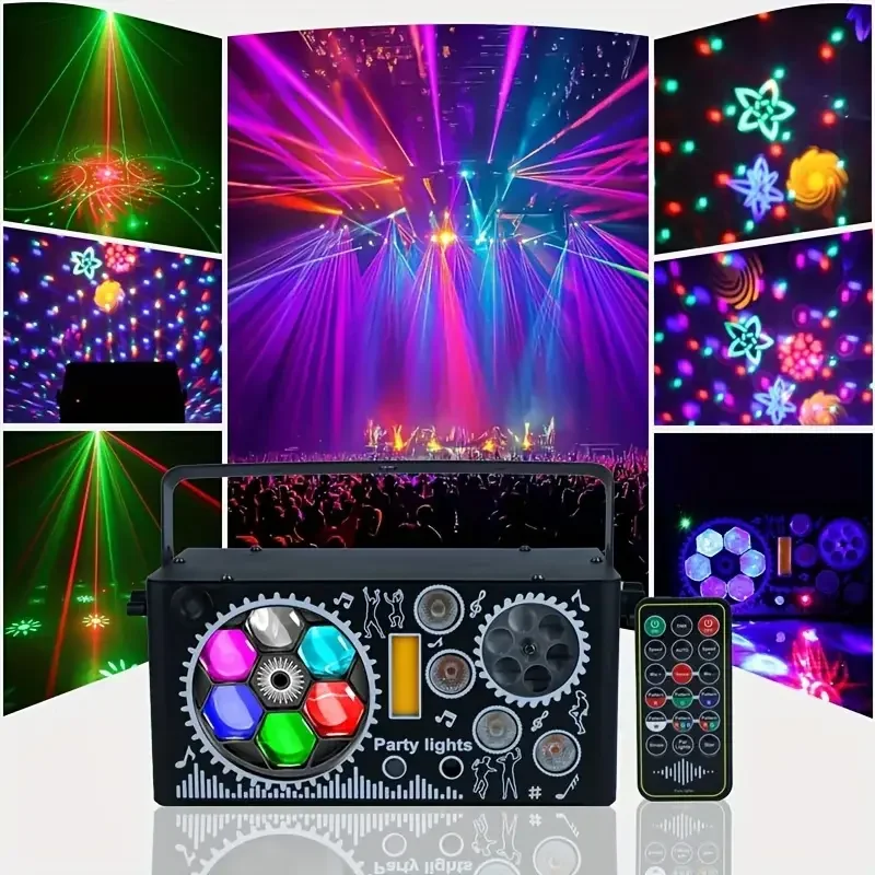 LED DJ Laser Projector Stage Disco Lights Rotating Ball Strobe Remote Sound Control Party Light for Christmas Wedding Holiday