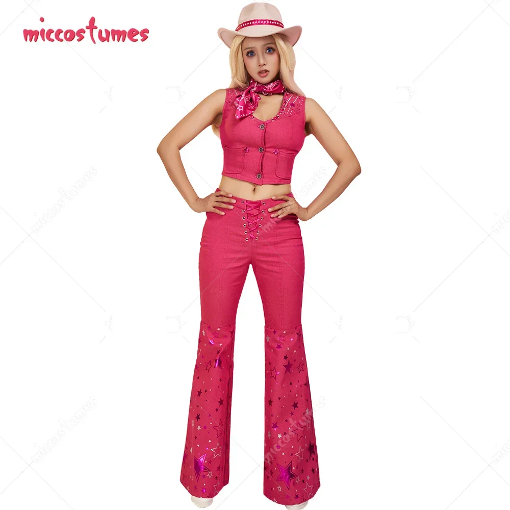 

Miccostumes Women's Doll Cosplay Costume Pink Western Outfit Vest Pants with Cowboy Hat Scarf Ear Clips