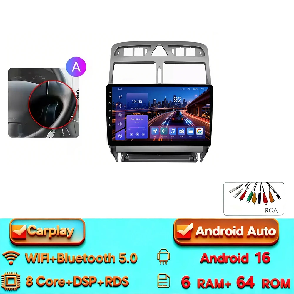Android 16 Carplay Android Auto 2din Autoradio voor Peugeot 307 307CC 307 SW 2004-2013 4G WIFI GPS DSP BT Touchscreen Multimedia