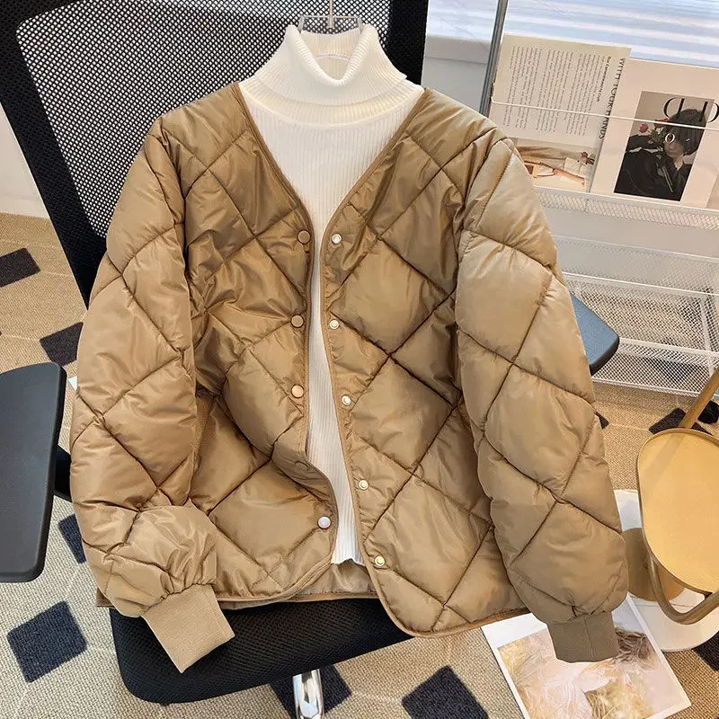 2024 Short Cotton-padded Jacket Female Down Cotton Coat Autumn Winter Women Light Thin Quilted Lattice Parkas Casual Tops Coats