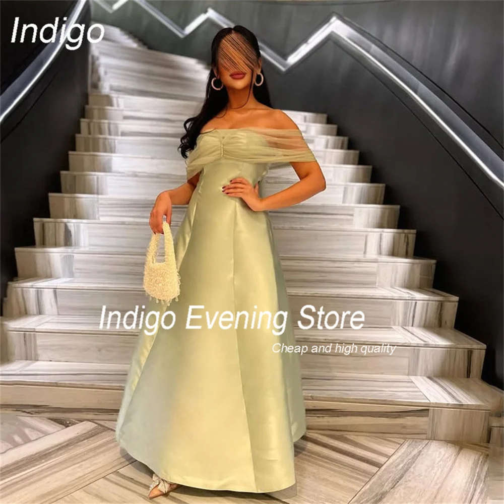 Indigo คลาสสิก A-Line ปิดชุดราตรีไหล่ 2025 Strapless Pleat ซาตินอย่างเป็นทางการ Party Prom ชุด FBساتة ที่กําหนดเอง