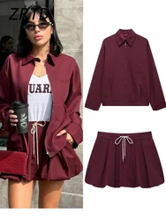 Vintage Burgundy Jacket Mini Skirt Sets Women Casual Lapel Zipper Jackets Pleated Lace Up Skirt 2024 Autumn Lady Commute Outfits