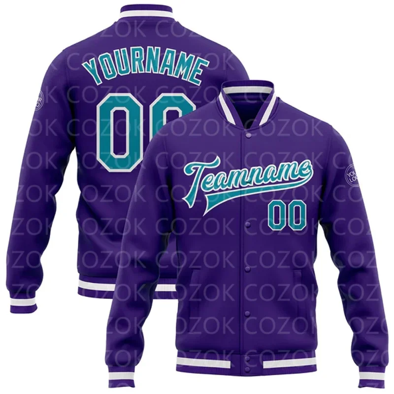 Custom Purple Colour 3D Printed Baseball Button Jacket Bomber Full-Snap Varsity Letterman Jacket