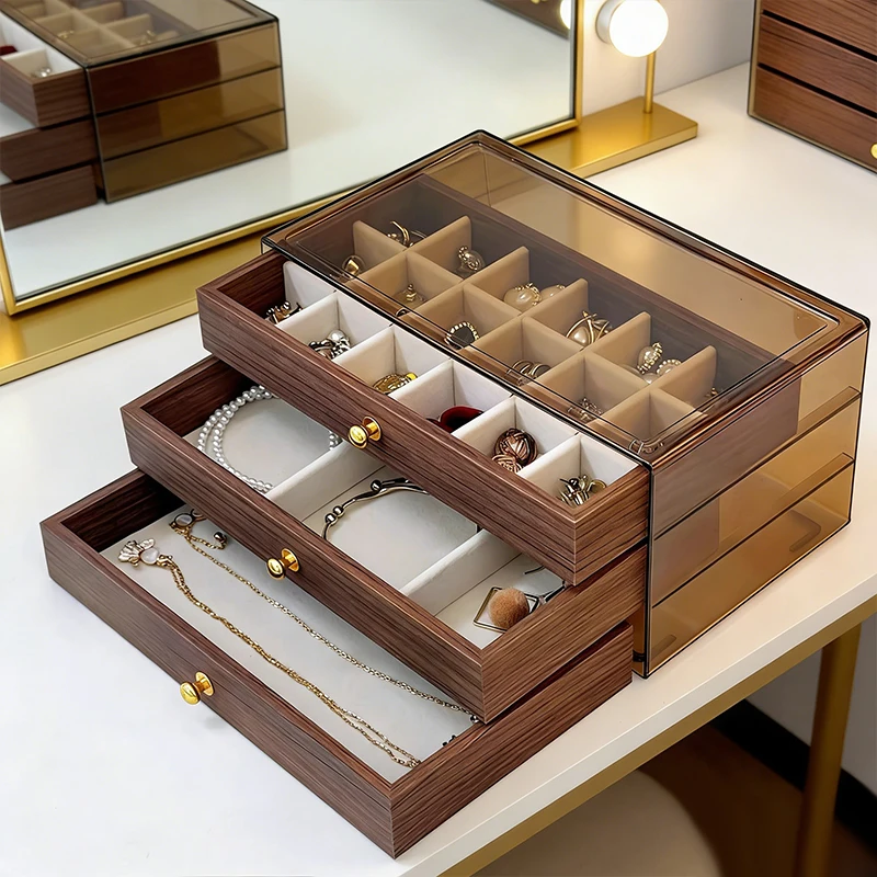 Multi-layer Wooden Jewelry Box Transparent Window Rings Necklace Jewelry Storage Case Organizer Bracelet Earrings