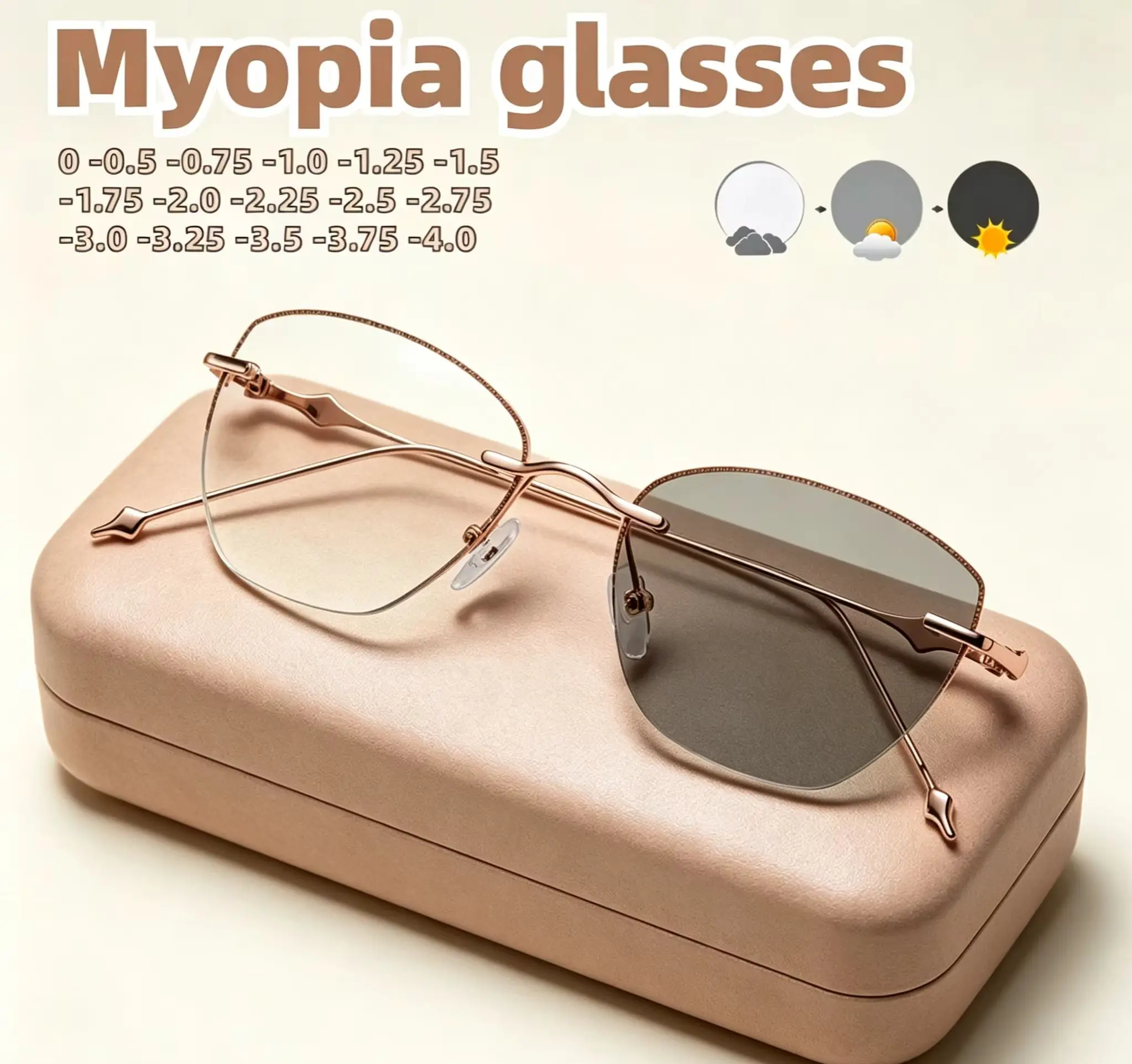 

Gold Rimless Photochromic Myopia Glasses for Unisex Lightweight Frame -0.5 To -4.0 Diopters Anti Blue Light Outdoor Eyeglasses