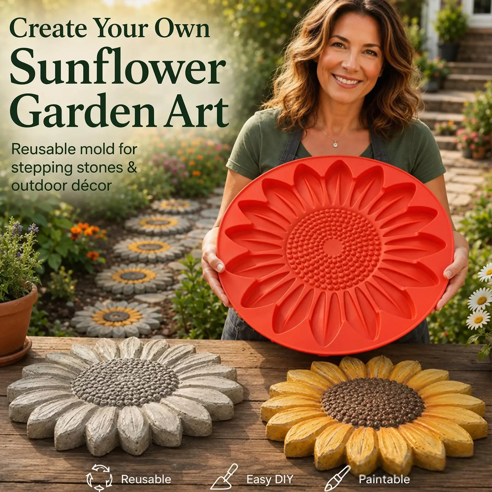 Stepping Stone Molds  Reusable Sunflower Stepping Stone Mold Round Stepping Stone Molds, Cement Molds for Concrete