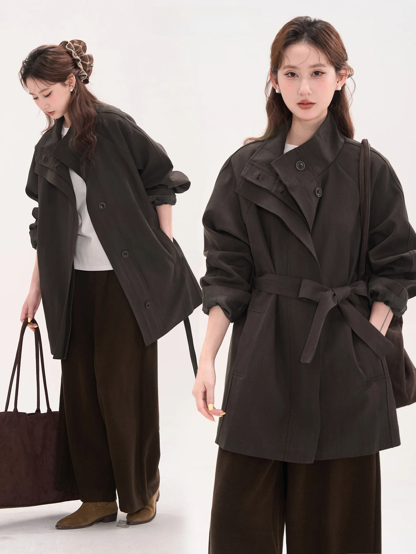 

Женское пальто средней длины с воротником-стойкой, осенне-зимнее, из смесового хлопка, в корейском стиле, для повседневной носки, модная верхняя одежда