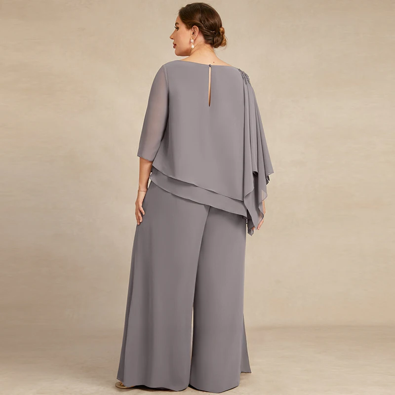 Grand ensemble deux pièces en mousseline de soie perlée pour mère de la mariée, robe perlée, pantalon doux, adapté aux invités du mariage, robes de soirée