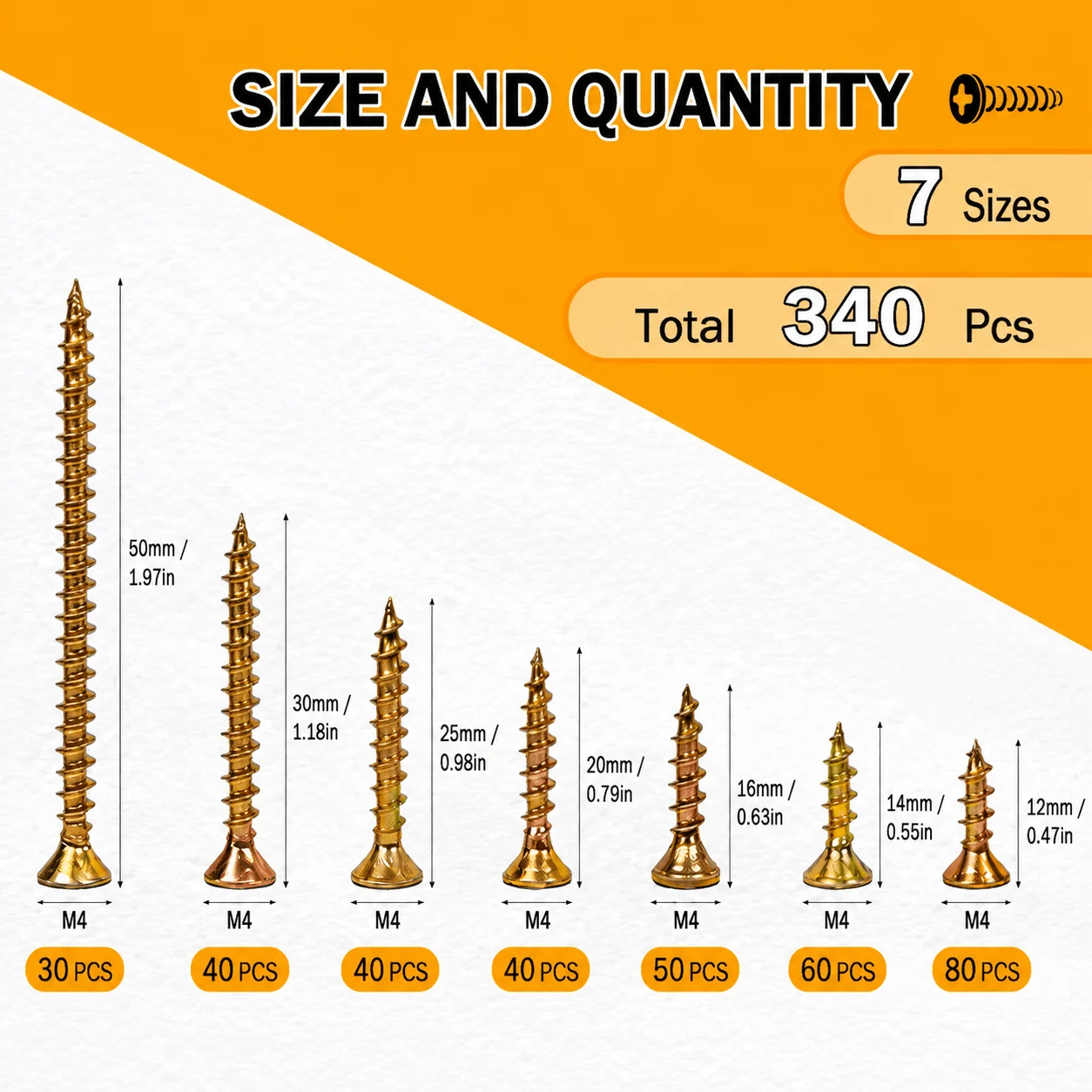 220/260/320/340Pcs Full Thread Cross Drive Self Tapping Screws M3.5M4M5 Yellow Zinc Plated Countersunk Flat Head Wood Screw Kit
