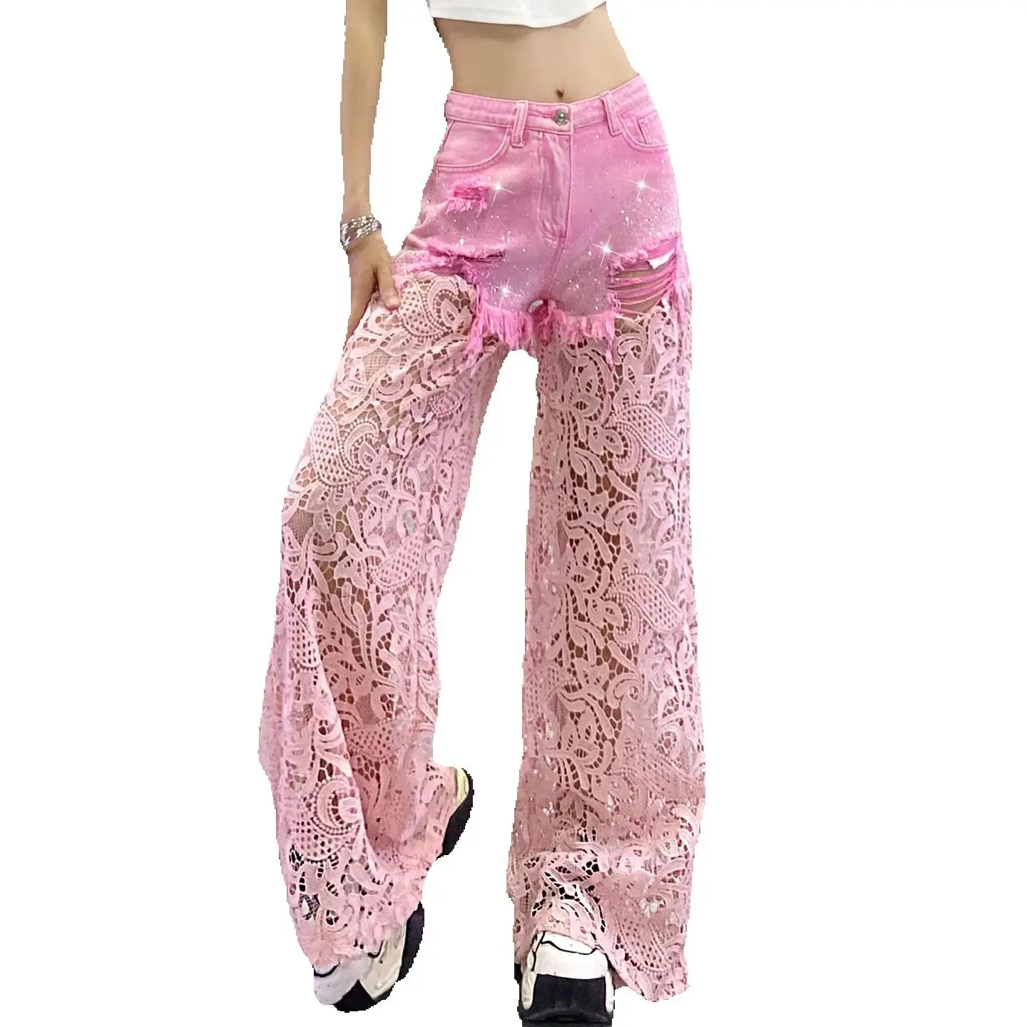 High Street เงาร้อนเจาะ Hollow OUT Lace Splicing DENIM กางเกงยาว All-Match High เอว Mopping ชั้นตรงกางเกง