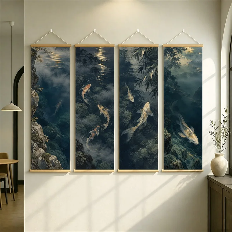 Koi Fish Hanging Scroll with Flowing Water and Shadowy Branches in a Deep Blue Japanese Inspired Style for a Living Room