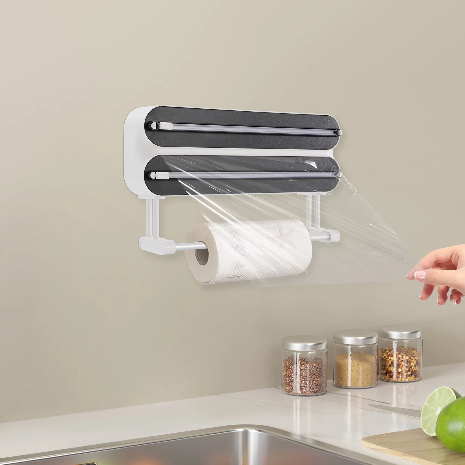 Wandmontierter Frischhaltefolien-Spender mit 2 Haken, 3-in-1 Wandrollenhalter für die Küche, Aluminiumfolien-Spender (ohne Frischhaltefolie) – Detail 11