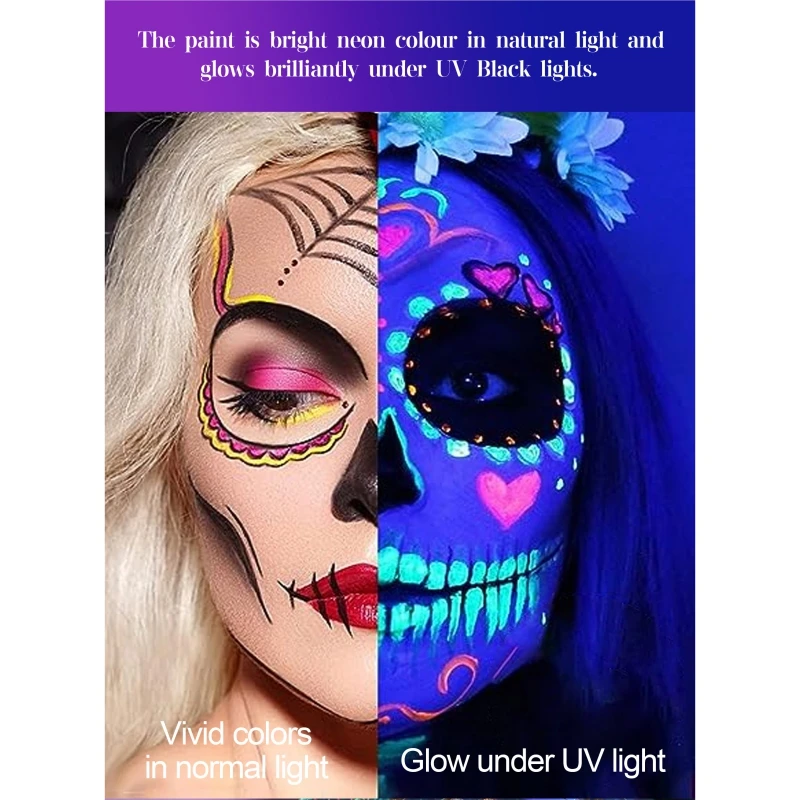 UV Face Body Paint Fluorescent Makeup Palette With 2Pcs Makeup Brushes Water Activated Eyeliner Club Party Halloween Maquiagem