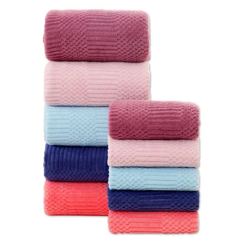 Thick Coral Fleece Towels Suit Solid Color Auspicious Grid Soft Absorbent Adult Beach Towel Covers