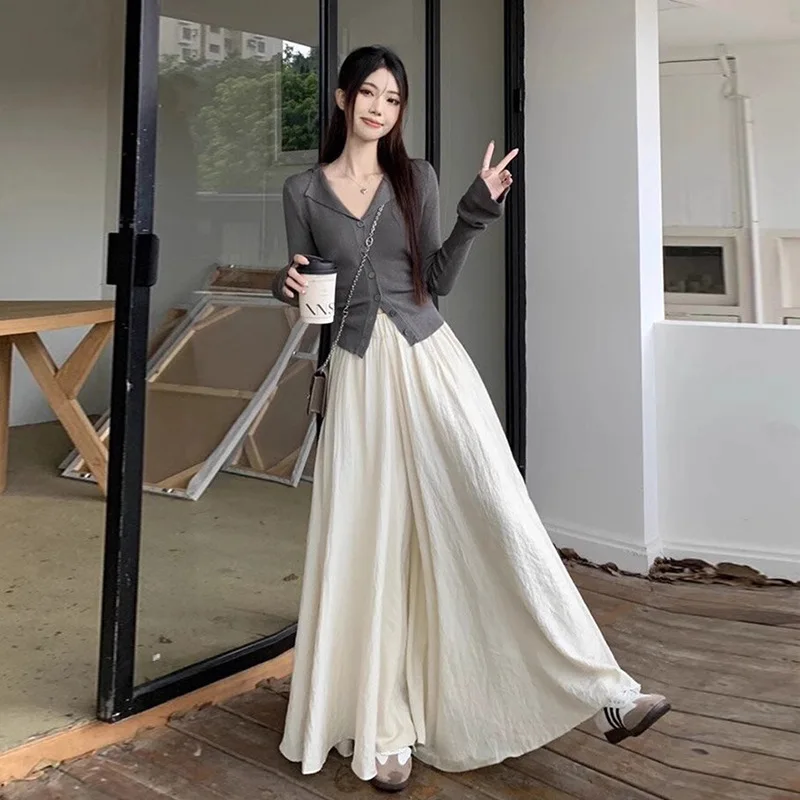 

White Ice Silk Pants and Skirts for Women, Summer, Thin Style, New High-waisted, Loose and Drape, Petite Casual Wide-leg Pants