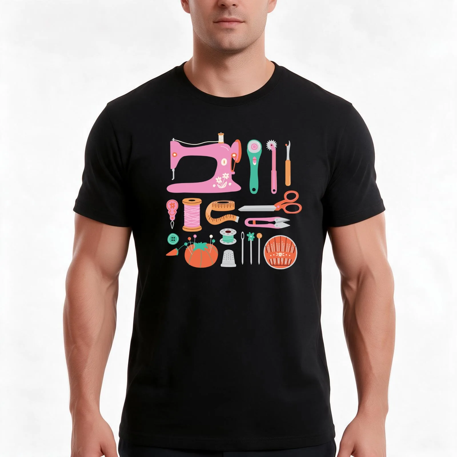Sewing Notions T-Shirt, Summer Casual Cotton Tee, Oversized Streetwear Tops, Vintage Graphic Print, Loose Fit Short Sleeve