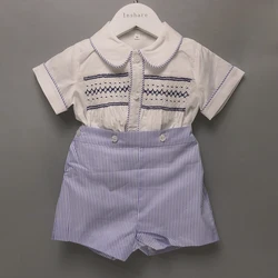Children Boutique Clothing BABI Boys Handmade Smocked Embroidered Blue Stripes Set Cotton Short Sleeves Baptismal Clothing Suit