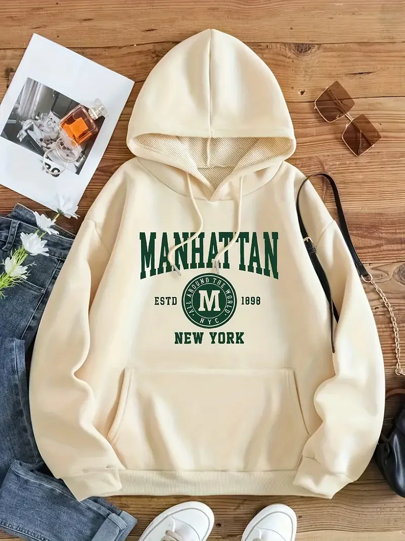 Women's Casual Fashion Plus Size Hooded Sweatshirt, Manhattan Graphic Pullover, Comfortable Athletic Hoodie, Cozy Streetwear