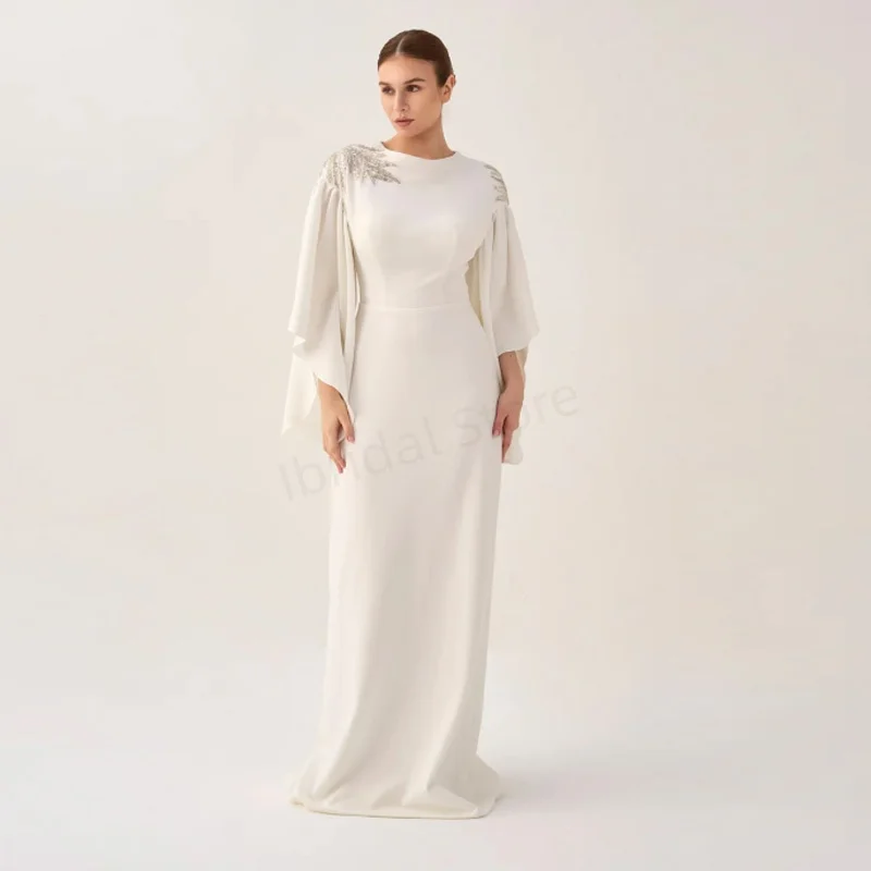 

Customized Arabic Evening Dresses White Prom Gowns Cape Sleeves Wedding Guest Dresses Middle East Sequined Plus Size