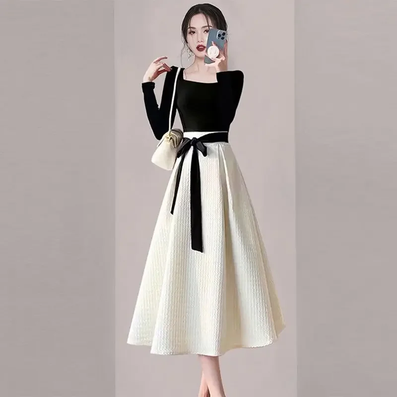 Elegant French Tweed Style Block Color Dress For Women Commuting Light Luxury Niche Slimming Wide Skirt Fashion Clothing