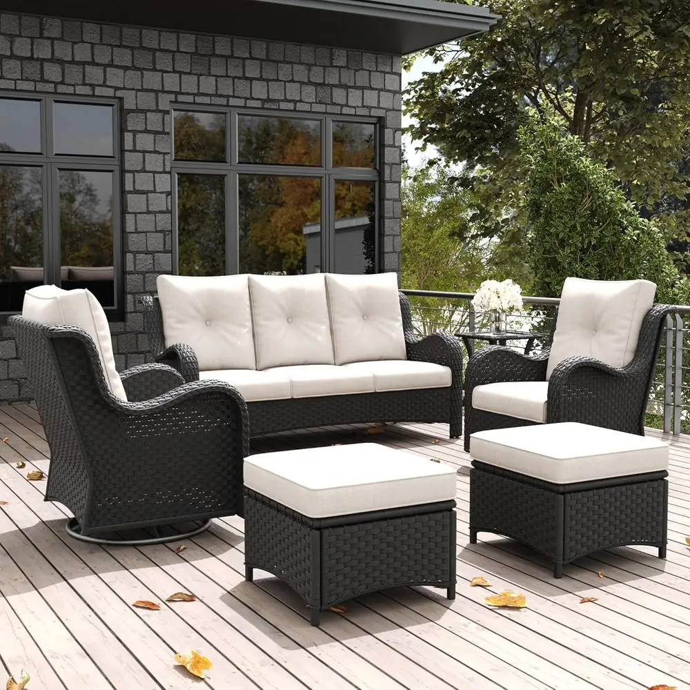 

6-Piece Outdoor Patio Furniture Set: Rattan Wicker Sectional with Swivel Rocker Chairs, Ottomans, and Coffee Table