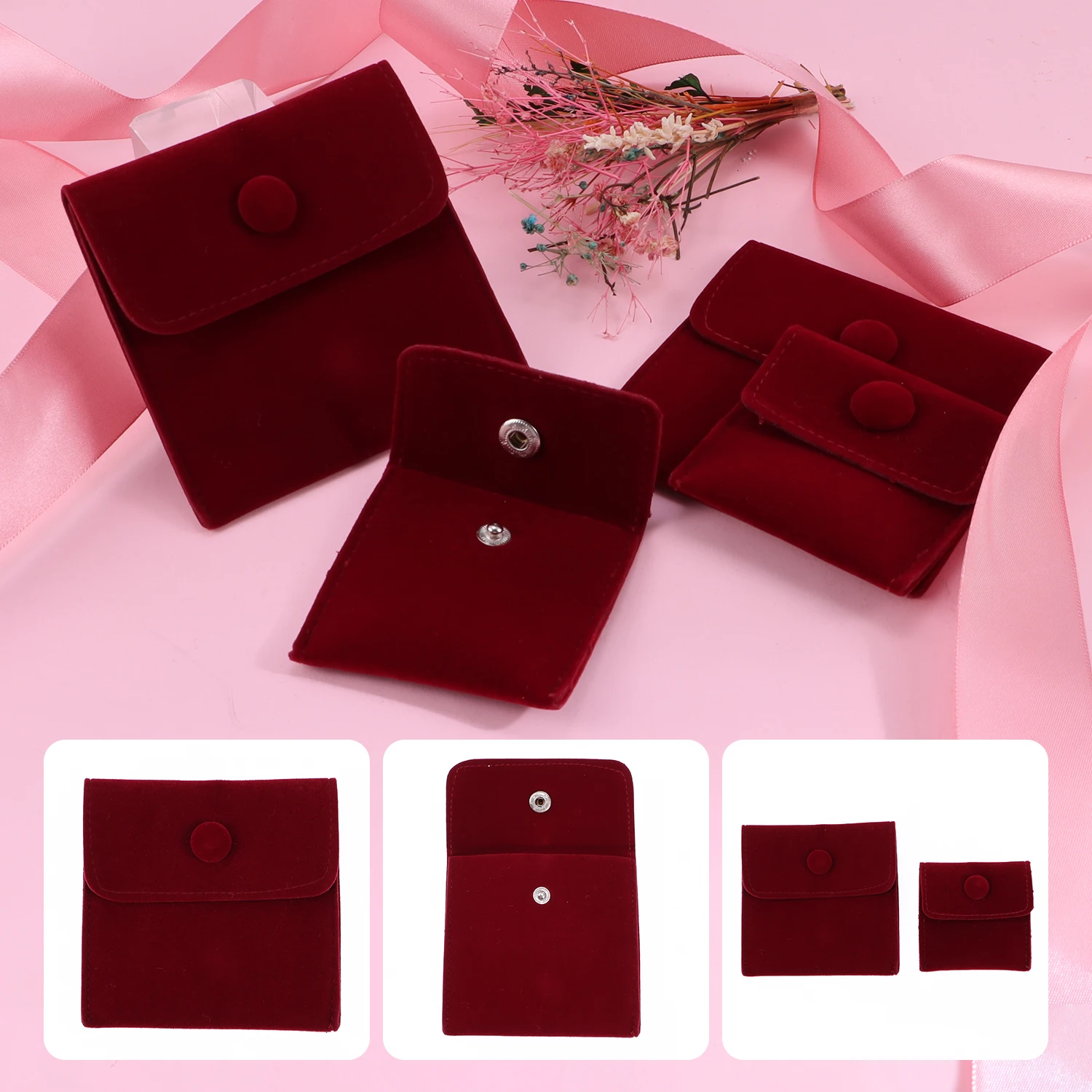 Fascinating Red Velvet Ring Storage Bag Valentine's Day Embroidery Rose Zipper Cloth Bag Wedding Ring Jewelry Display Bag